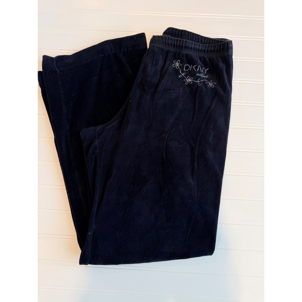 DKNY Active Navy Blue Velour Wide Leg Lounge Pants Floral Logo KDMU1866 XS